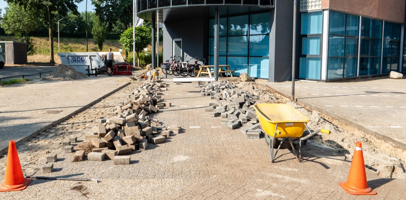 Old paving removed at the entrance of Luna, Amersfoort, ready for renewal