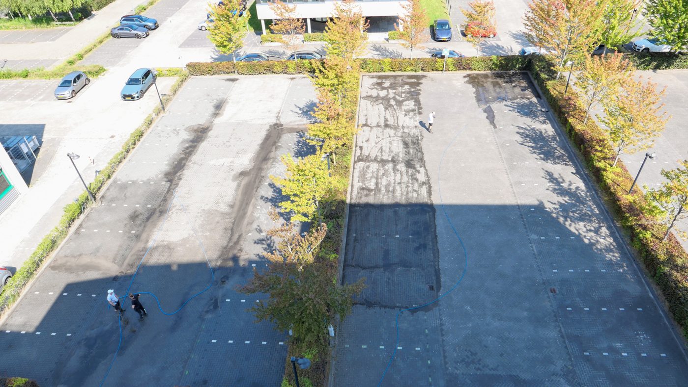 Aerial view of the fully cleaned parking terrain at Pulse