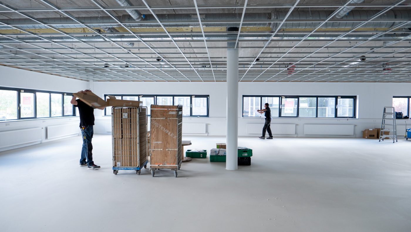 Materials being organized on the first floor at Pulse